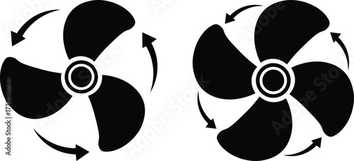 Set of Cooling Fan Vector Icons – Flat Black Ventilator Silhouettes Featuring Rotation Arrows for Modern Interfaces