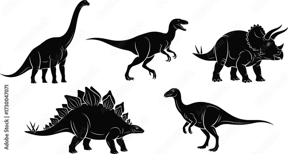Obraz premium Silhouettes of Five Dinosaur Species – Vector Prehistoric Illustration Featuring Brachiosaurus, Velociraptor, Triceratops, Stegosaurus, and Iguanodon