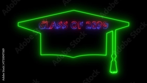 glowing icon panorama sign with student hat, as a class 2039. mortarboard hat and text  on black background. 