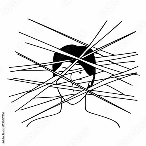 Minimilist person with black hair obscured by many straight black lines creating a sense of entanglement and restriction vector
