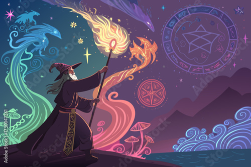 Showcasing Glowing Wizard Casting Magic Spells Bold Fantasy Crisp Premium Digital Asset