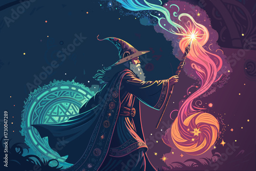 Glowing Wizard Casting Magic Spells Bold Fantasy Professional Photo Perfect for Editorial Content