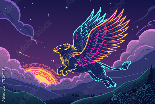 Featuring Griffin Flying With Neon Aura Bold Fantasy Creat Vibrant Creative Visual