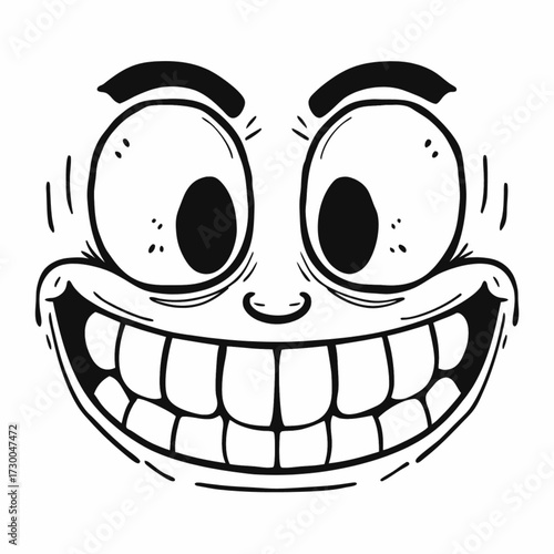 Minimilist cartoonish face with exaggerated features showcasing a wide toothy grin and bulging eyes in black and white vector