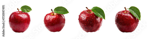 Four glossy red apples with water droplets and green leaves, isolated on black background, crisp and fresh, perfect for food and health concepts PNG set Transparent backround