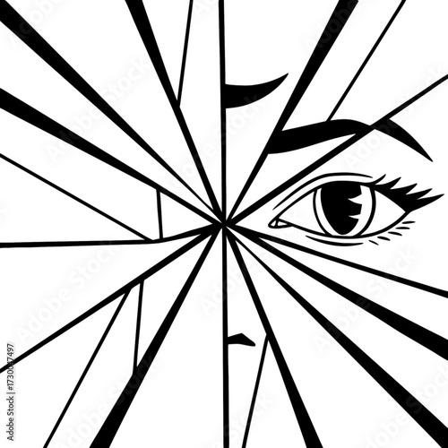 Minimilist eye and face fragmenting into sharp black lines on a white background creating a shattered effect vector