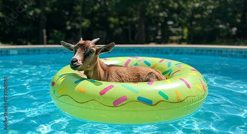 Goat relaxing in inflatable ring floats on water outdoors
