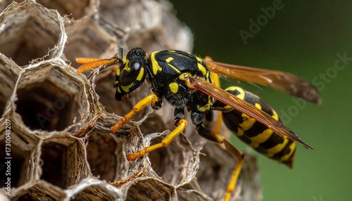 Close-up of a wasp on a honeycomb