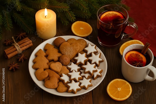 Weihnachtliche Szene mit Plätzchen, Zimtsternen und Glühwein auf festlich gedecktem Tisch als Symbol für Winter, Genuss und Tradition