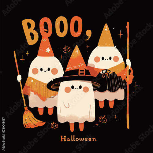 Three playful cartoon ghosts wearing different Halloween costumes gather together for festive celebrations. Their cheerful expressions bring joy to the spooky season.