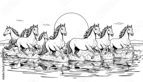 Minimilist a herd of horses running through water with a sun in the background in a black and white illustration vector