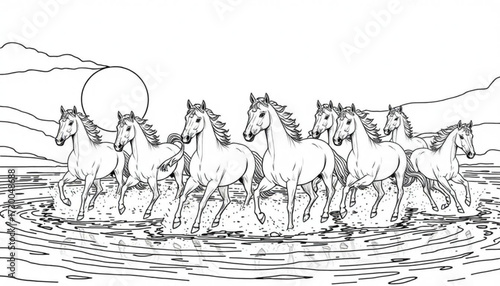 Minimilist a herd of horses running through water with a sun in the background in a black and white illustration vector