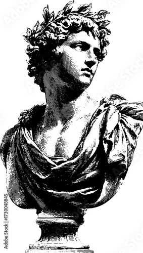 Classical bust with laurel wreath and toga, marble sculpture shown in monochrome engraving. Antique style vector illustration with detailed linework.