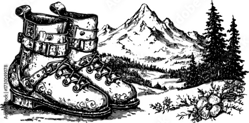 Vintage hiking boots illustrated in a detailed engraving style. The rugged footwear is set against a mountainous landscape in vector illustration.