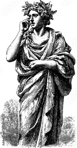 Classical roman statue wearing robes and laurel crown. Antique sculpture in monochrome engraving style. Vintage vector illustration.