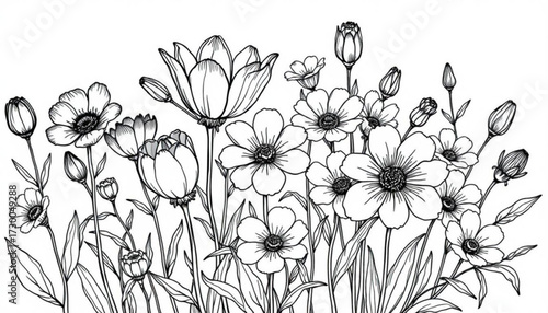 Minimilist a detailed line drawing of a variety of flowers and buds with leaves on long stems in a garden setting vector
