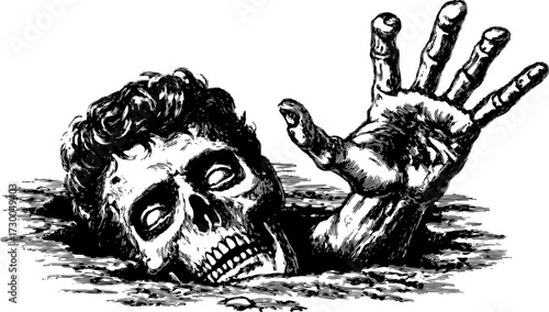 Skeleton hand reaching out in a vintage engraving style. Black and white vector illustration captures a macabre scene.