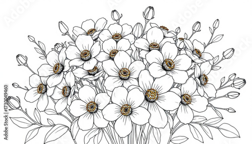 Minimilist a detailed line drawing of a bouquet of anemone flowers with leaves and buds on a white background vector
