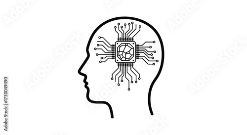 Vector illustration of vector art of artificial intelligence concept a stylized human head silhouette with a microchip inside, representing the integration of technology and human intellect