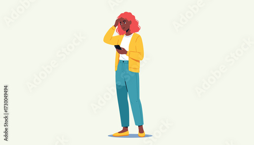 Vector art of a young woman with bright pink hair, wearing a yellow cardigan and blue pants, looking confused at her phone, isolated on a light green background