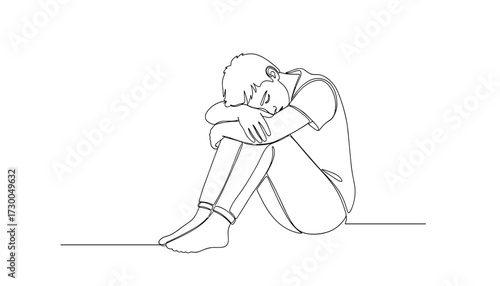 Vector art of a minimalist line drawing of a person curled up in a ball, isolated on a, conveying feelings of sadness or contemplation