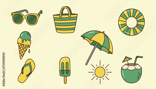 Vector art of a collection of summer vacation icons including sunglasses, beach bag, inflatable ring, ice cream, flip flops, popsicle, umbrella, sun, and coconut drink