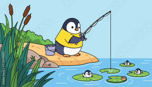 Vector art of cute cartoon penguin wearing a yellow shirt fishing on a lily pad in a pond with reeds and rocks on the shore