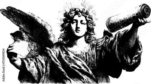 Detailed angel engraving in vintage style. Classic line art showcasing religious themes with scroll and halo in black and white vector illustration.