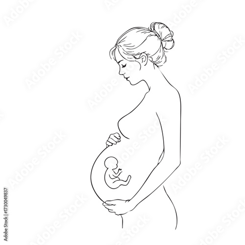 Pregnancy Profile Vector — Black and White Illustration of Expectant Person Holding Belly with Visible Fetus in Womb