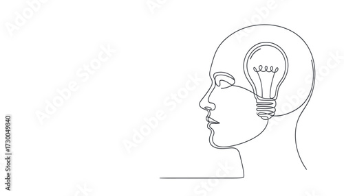 Vector art of continuous line drawing of a human head profile with a lightbulb inside 