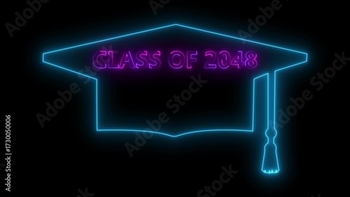 glowing icon panorama sign with student hat, as a class 2048. mortarboard hat and text  on black background. 