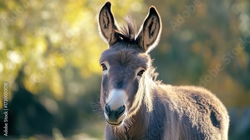 A donkey stands in a green field surrounded by tall trees, providing a peaceful atmosphere