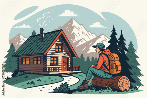 Featuring Mountain Cabin With Hiker Resting Outside Bold Beautiful Professional Photo