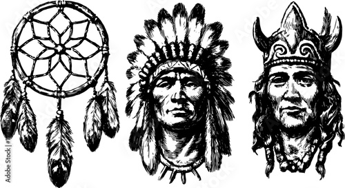 Dreamcatcher and indigenous figures in vintage style. Traditional black and white vector illustration in a set focusing on cultural motifs and details.