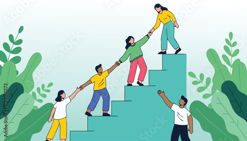 Vector art of diverse group of people helping each other climb stairs, symbolizing teamwork, support, and achieving goals together in a green, natural environment