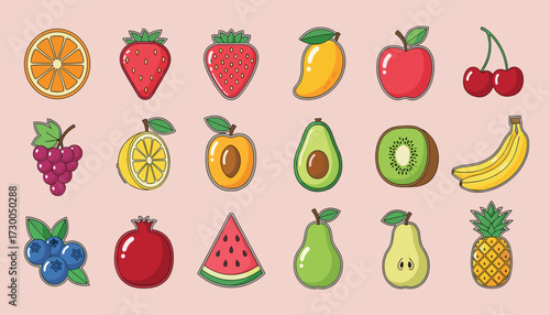 Vector art of a vibrant collection of assorted fruits, including oranges, strawberries, mangoes, apples, cherries, grapes, lemons, apricots, avocados, kiwis, bananas, blueberries, pomegranates, waterm