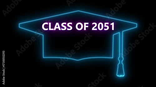glowing icon panorama sign with student hat, as a class 2051. mortarboard hat and text  on black background. 