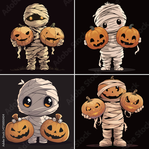 Four adorable mummies each hold two smiling pumpkins in a playful Halloween setting. The scene is colorful and perfect for children who enjoy festive decorations.