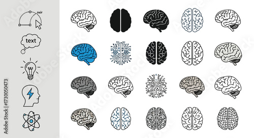 Vector illustration of vector art of collection of brain icons in various styles, showcasing human intelligence, neurology, and cognitive function, perfect for educational and medical designs
