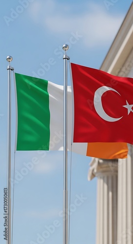 Italian and Turkish Flags in Front of Building.