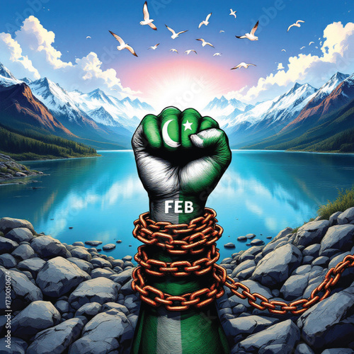 Pakistani Freedom Symbol Vector — Raised Fist with Broken Chains, Flag Colors, and Peaceful Landscape with Birds and Mountains