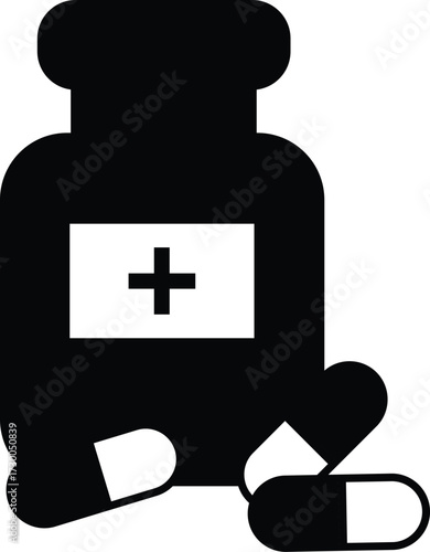 Medicine bottle with capsules icon black silhouette of pill container and tablets representing healthcare pharmacy and medical treatment concept