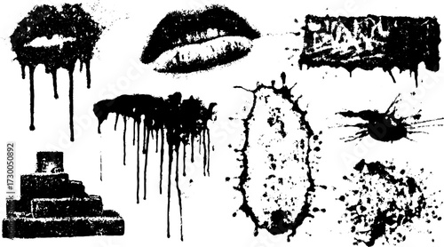 Engraving and vintage drawing with black and white textures. Graphic illustration set featuring ink drips and splats, including a vector design.