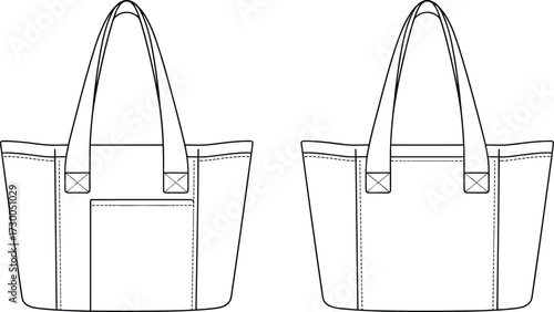 Flat vector CAD drawing of stylish tote bag with double straps, front patch pocket, simple stitching lines, back plain panel