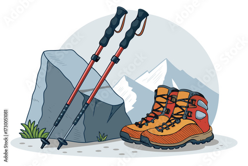 Dynamic Pair Hiking Poles And Boots Leaning Rock High-Quality Stock Image