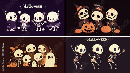 Colorful skeletons gather for a fun Halloween party, dressed in costumes and surrounded by pumpkins and ghosts, capturing the spirit of the festive season.