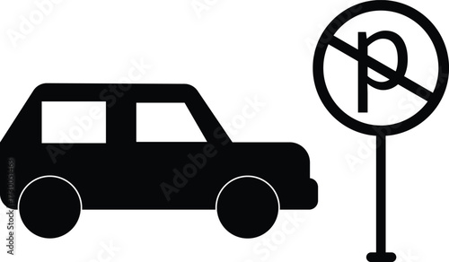 Vector silhouette of vehicle and no parking symbol depicting restriction and road safety
