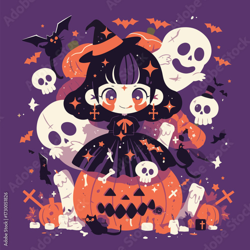 A cheerful witch with a playful expression stands amidst carved pumpkins, friendly ghosts, and bats. The vibrant Halloween-themed background enhances the festive mood.