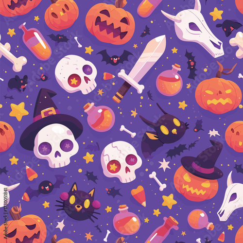 This festive design features various Halloween elements like pumpkins, skulls, bats, and potions arranged playfully on a vivid purple background, perfect for celebrations.