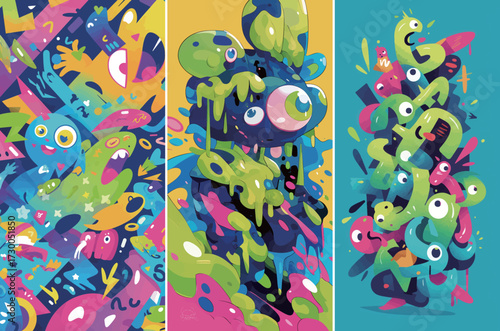 Bright and vivid artwork showcases a series of lively characters filled with joy and energy, blending an array of colors and shapes against solid backgrounds.